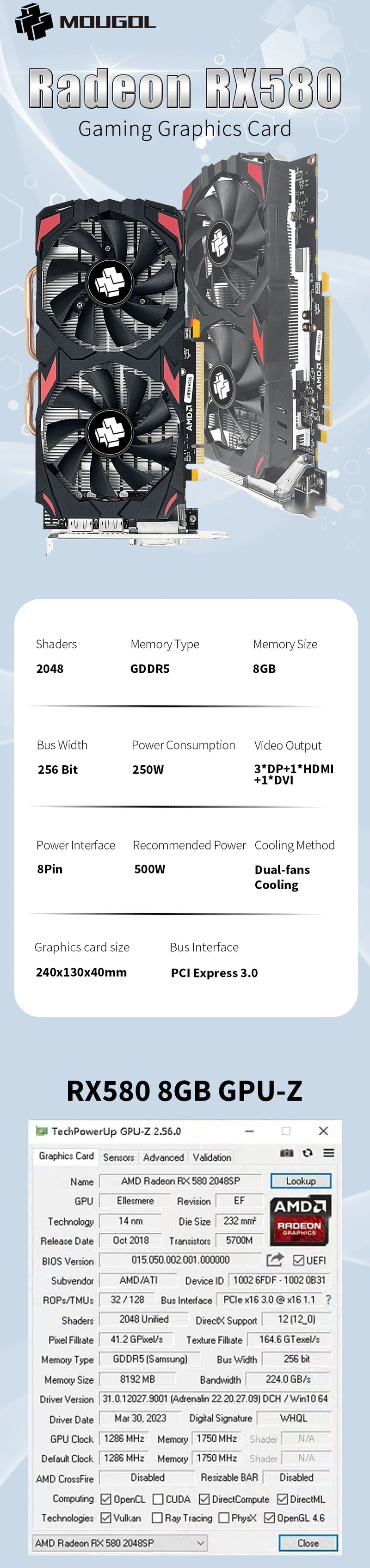 MOUGOL-AMD Radeon RX580 Placa gráfica 8G